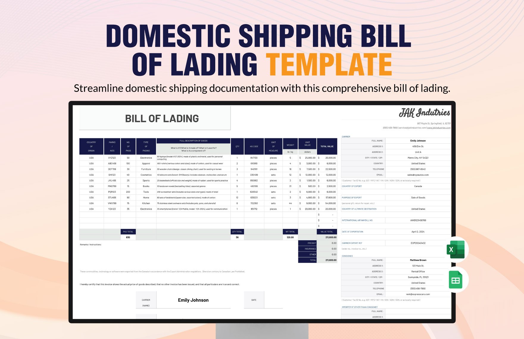 Domestic Shipping Bill of Lading Template in Excel, Google Sheets