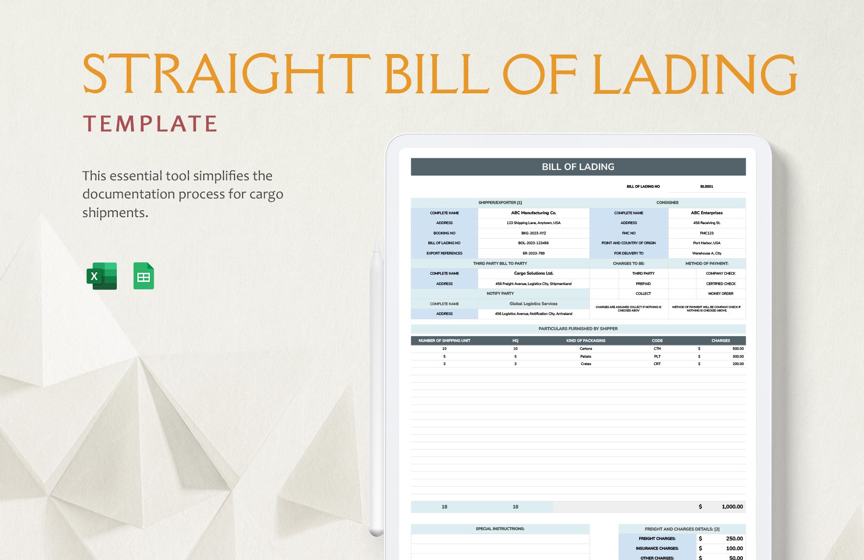 Straight Bill of Lading Template in Excel, Google Sheets