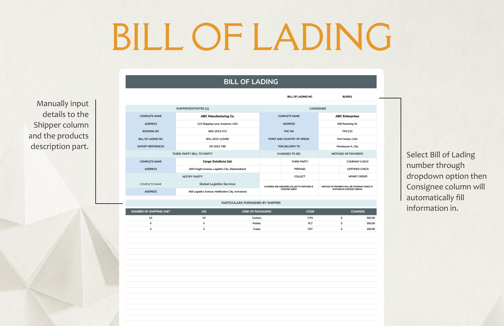 Straight Bill of Lading Template