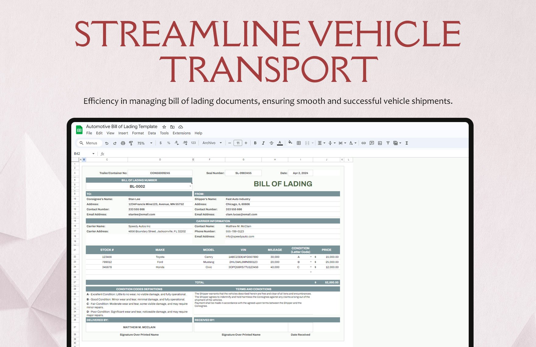 Automotive Bill of Lading Template