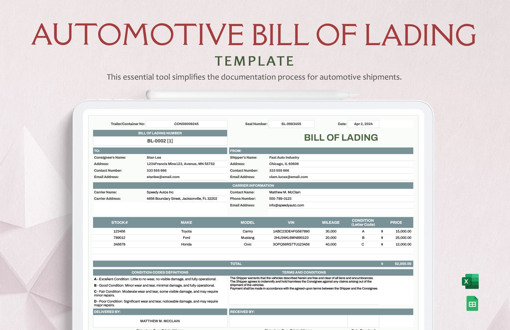 Automotive Bill of Lading Template in Excel, Google Sheets