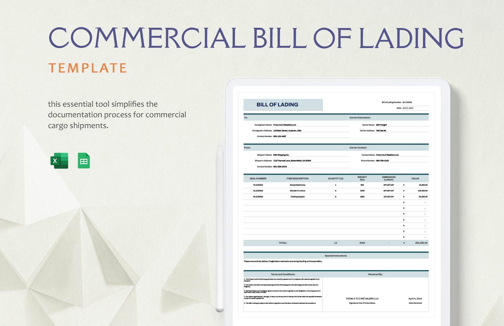 Commercial Bill of Lading Template in Excel, Google Sheets