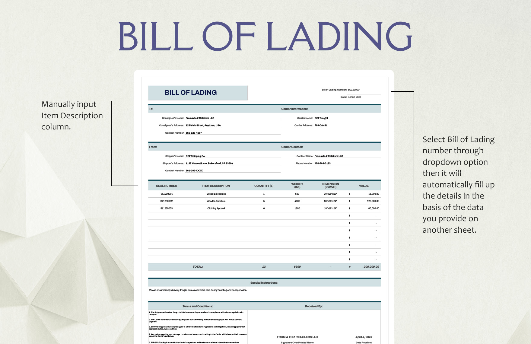Commercial Bill of Lading Template