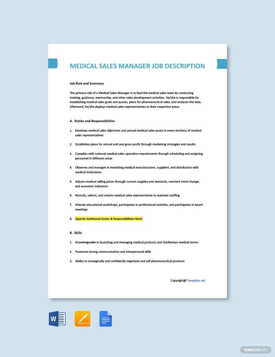 Free Medical Sales Manager Job Description Template