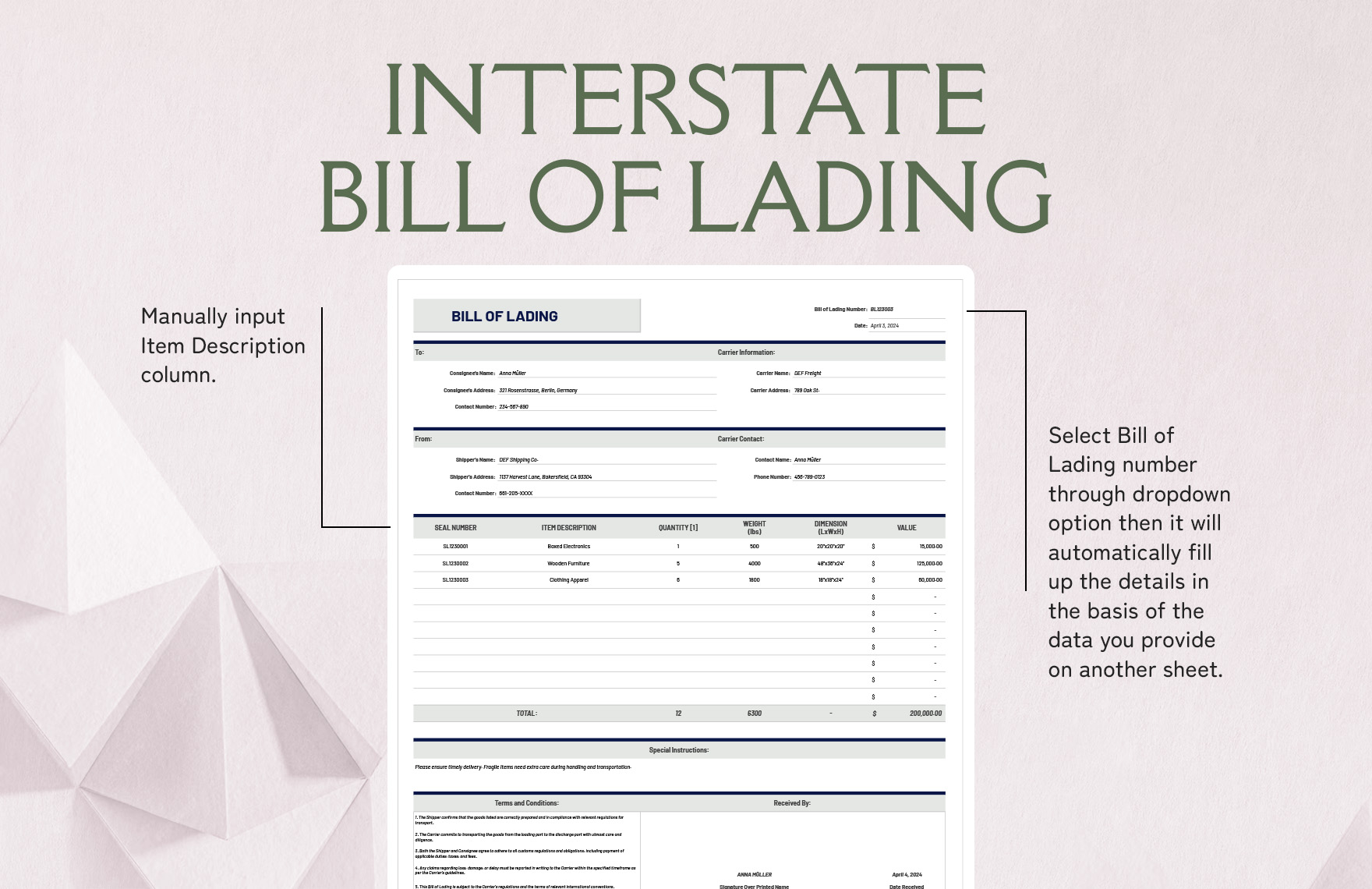 Interstate Bill of Lading Template