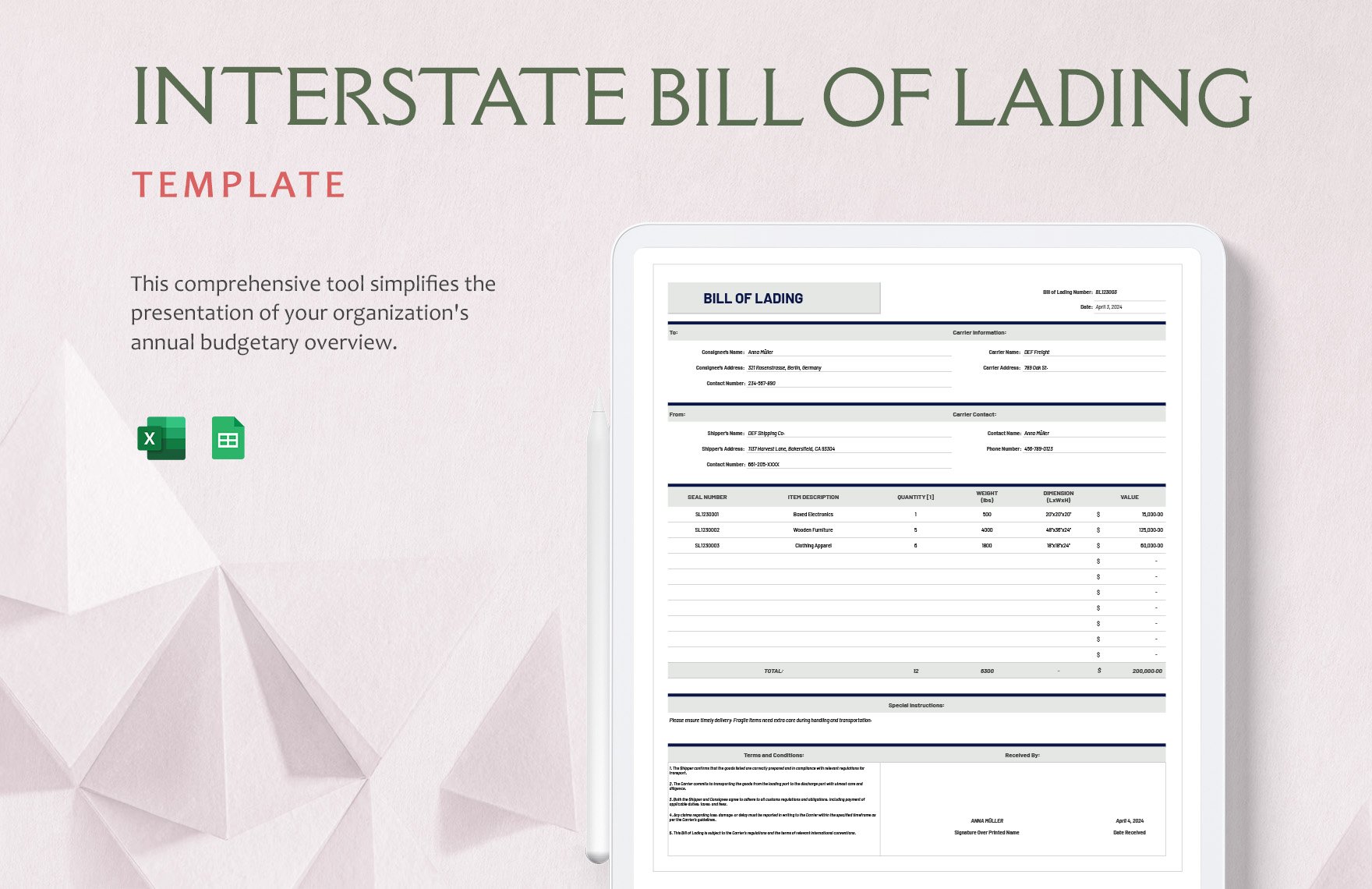 Interstate Bill of Lading Template in Excel, Google Sheets