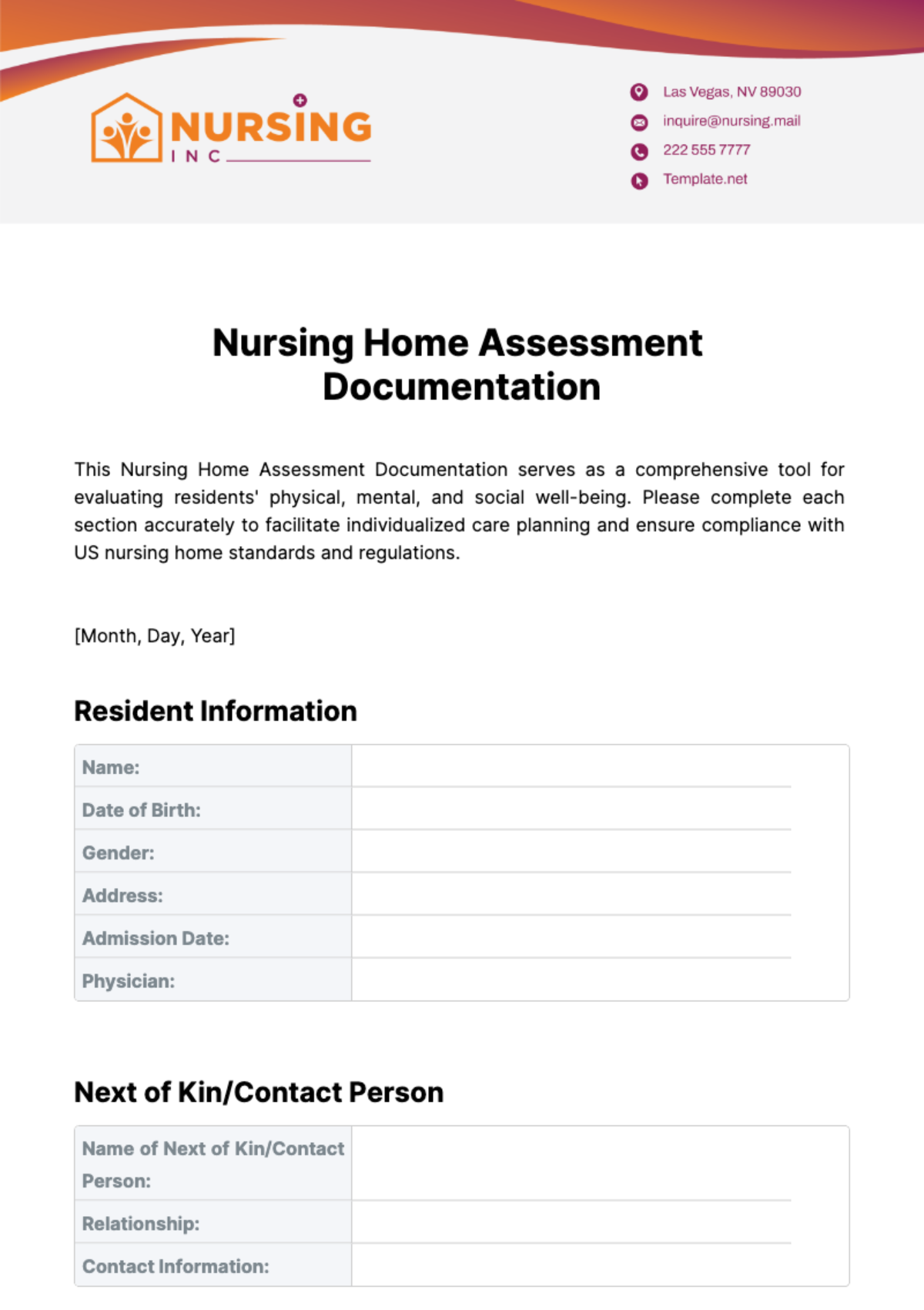 Nursing Home Assessment Documentation Template