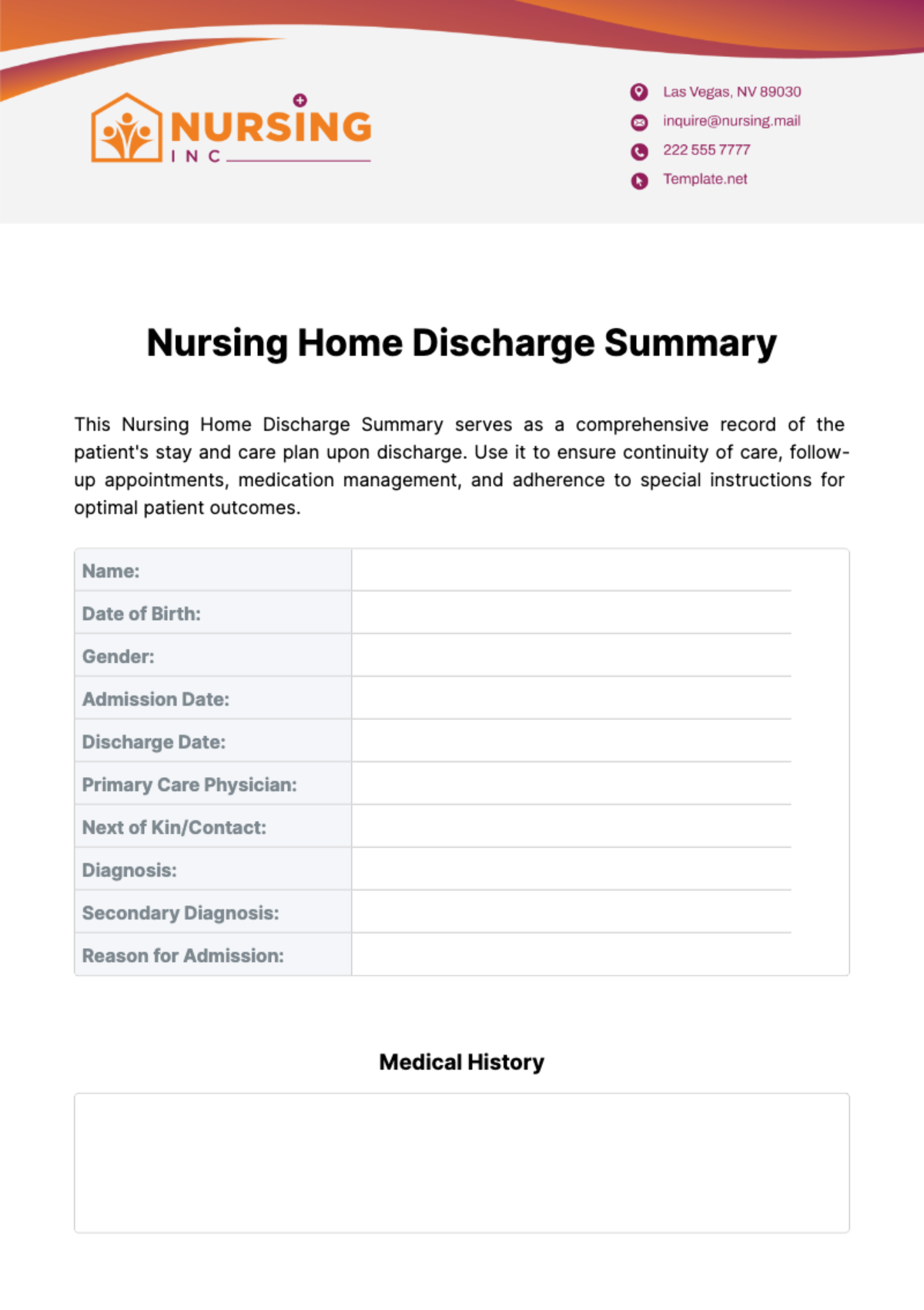 Nursing Home Discharge Summary Template