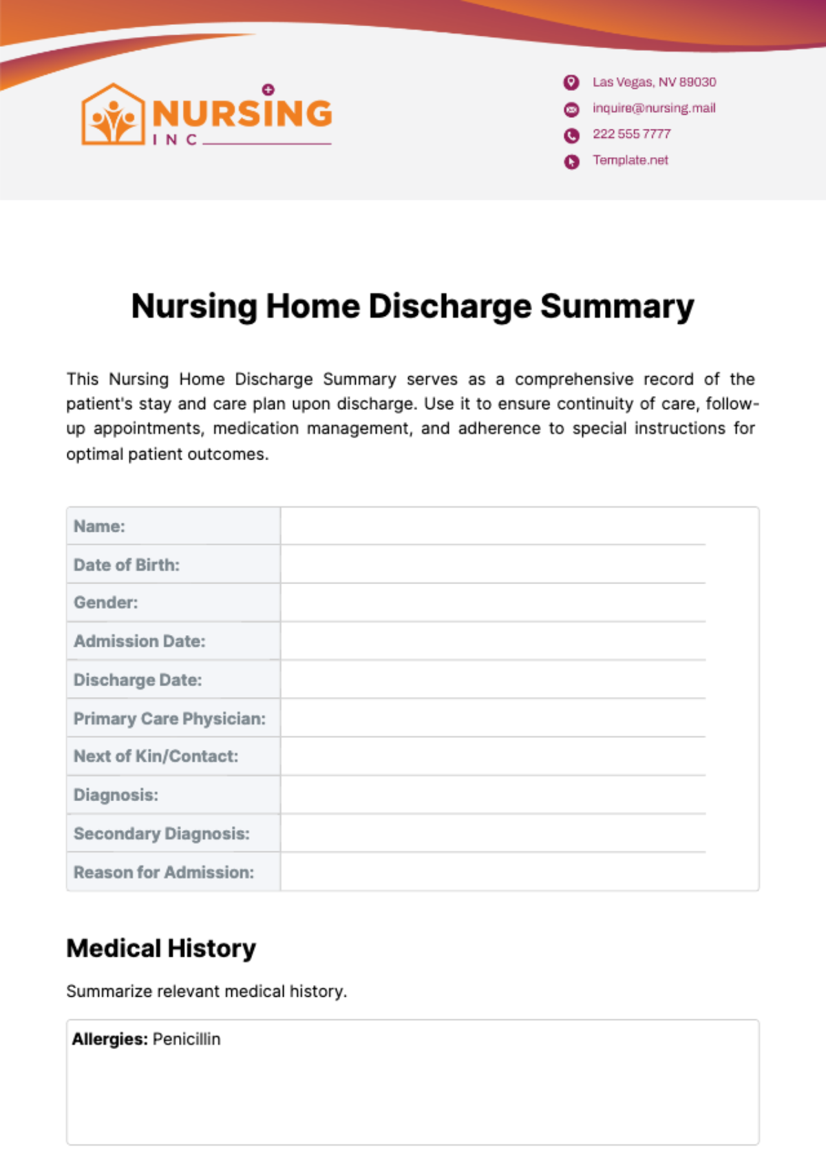 Nursing Home Discharge Summary Template - Edit Online & Download