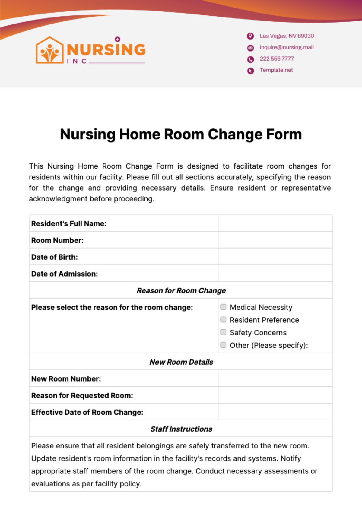 Nursing Home Room Change Form Template