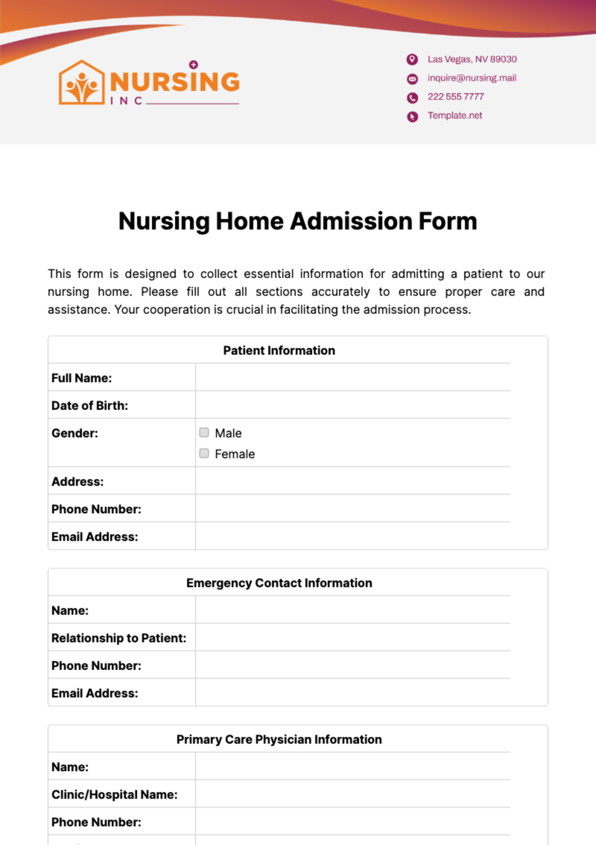 Nursing Home Admission Form Template