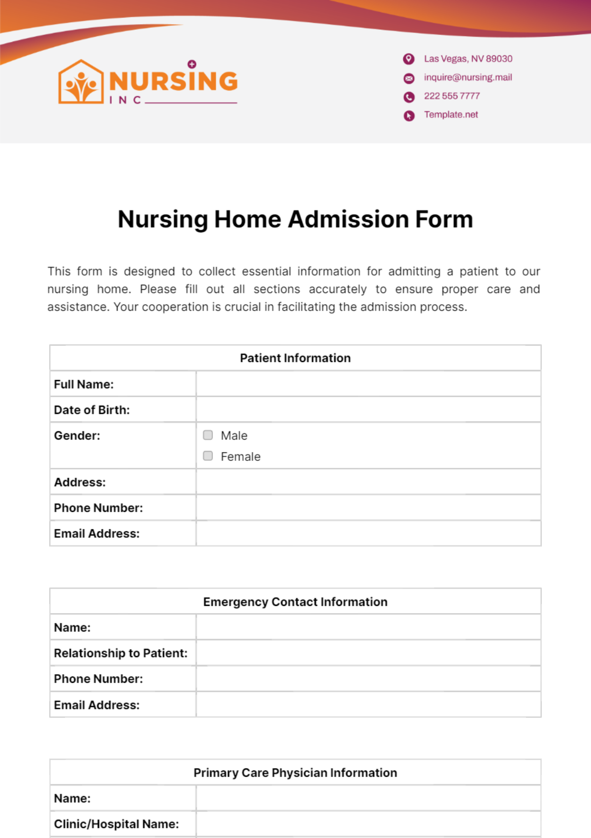 admission form nursing