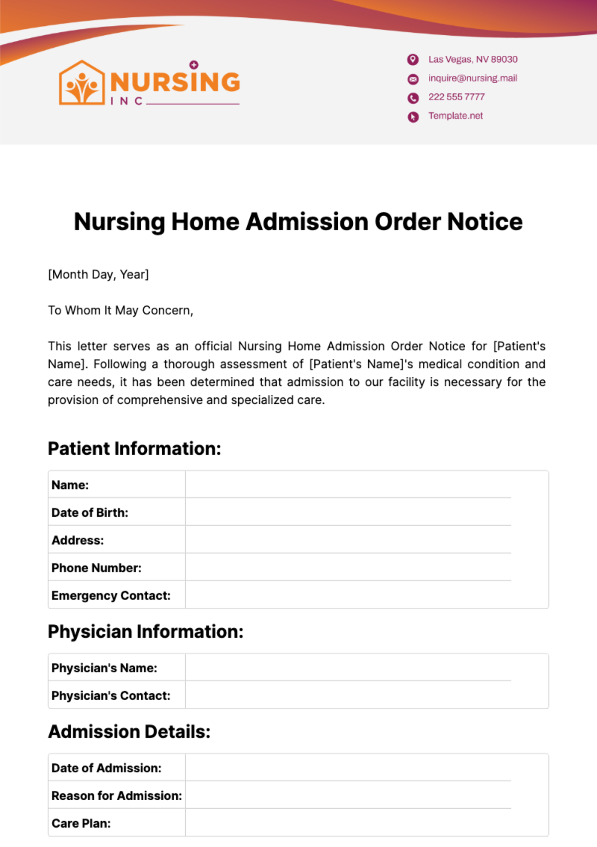 Nursing Home Admission Order Notice Template