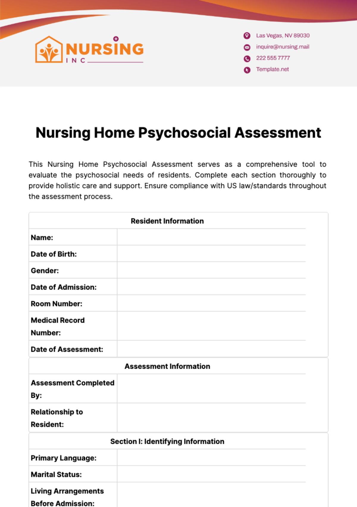 Nursing Home Psychosocial Assessment Template