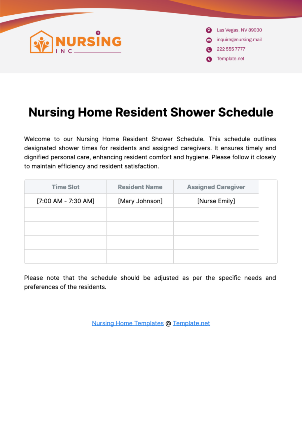 Nursing Home Resident Shower Schedule Template