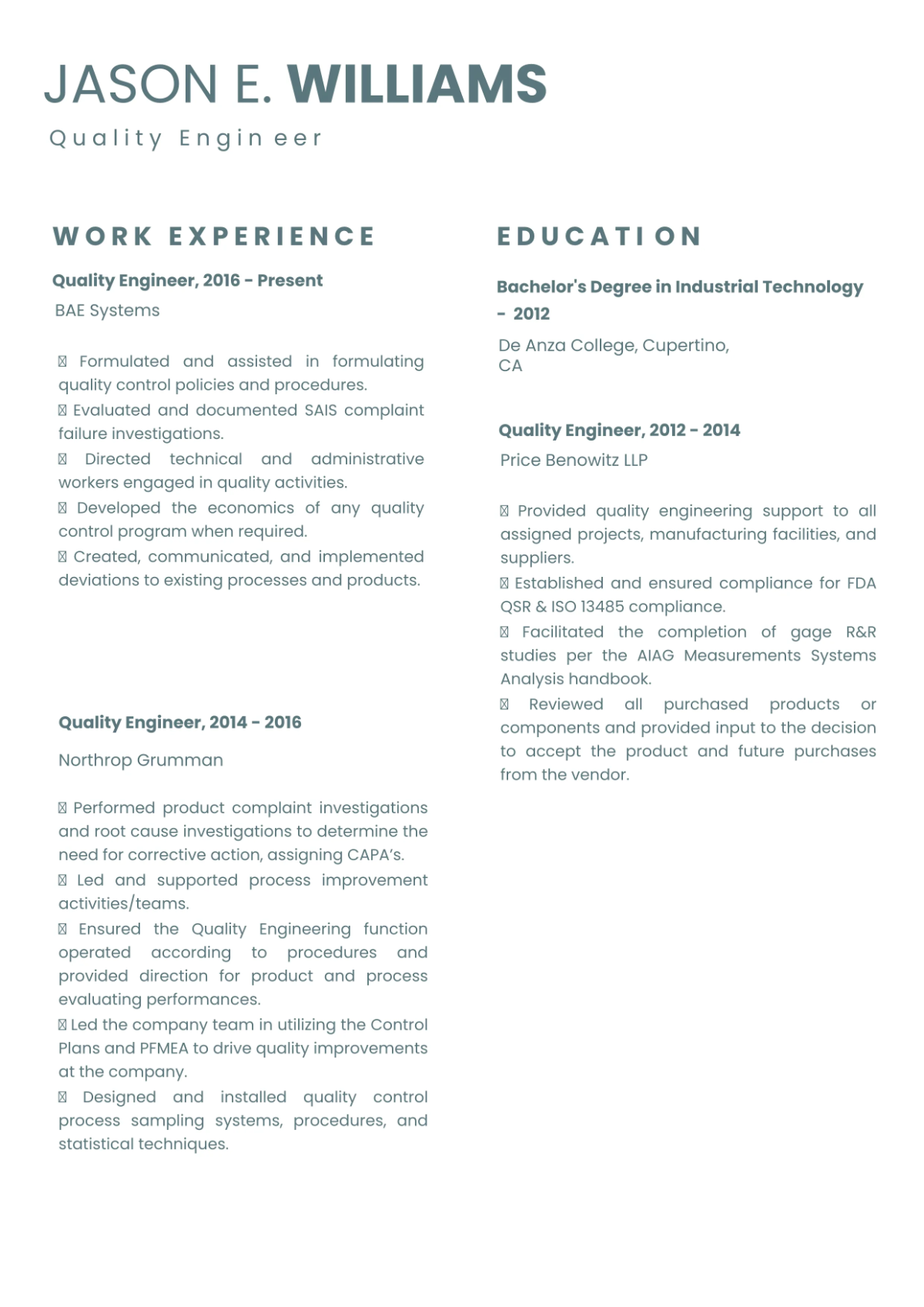 Free Quality Engineer Resume Template to Edit Online