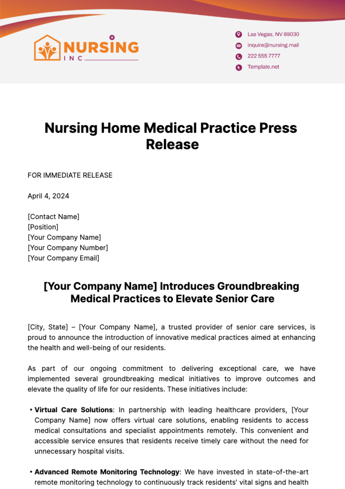 Nursing Home Medical Practice Press Release Template