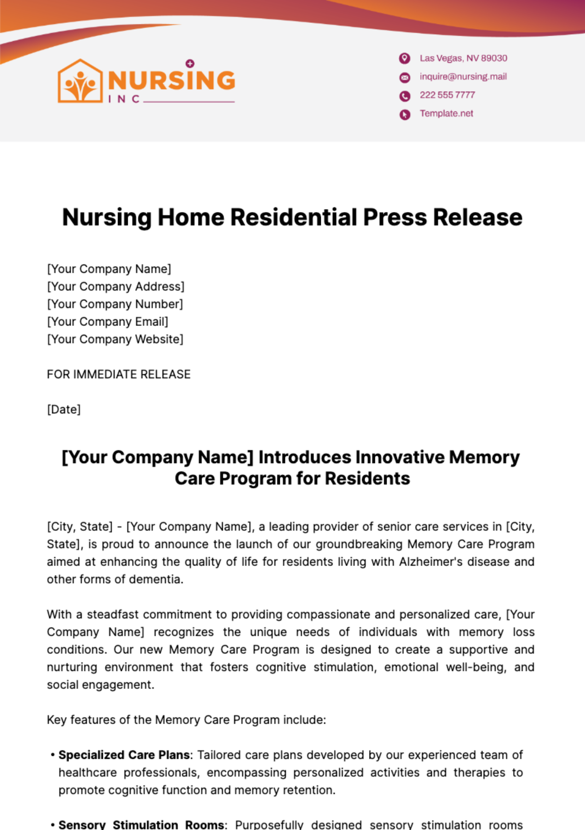 Nursing Home Residential Press Release Template