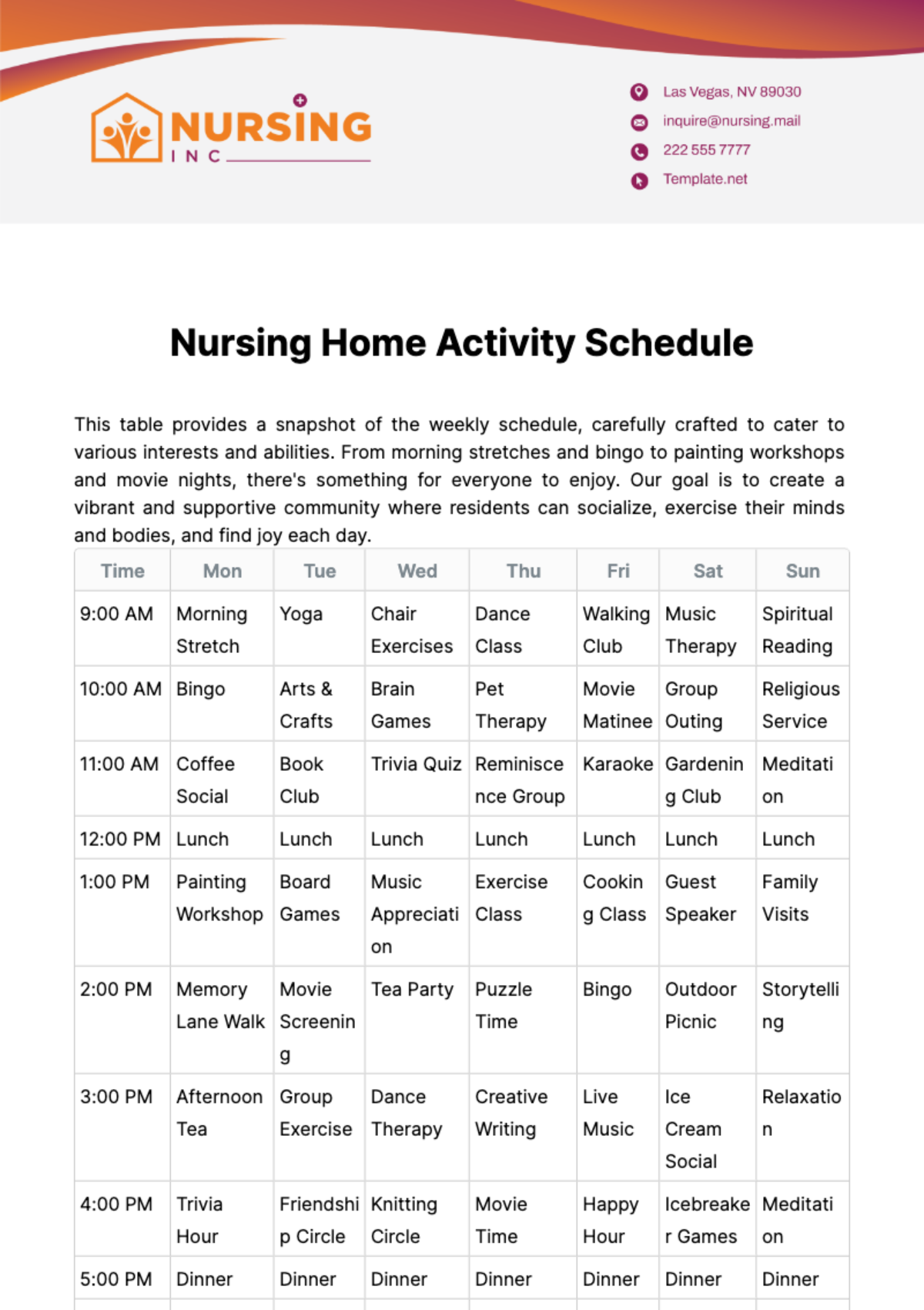 Nursing Home Activity Schedule Template