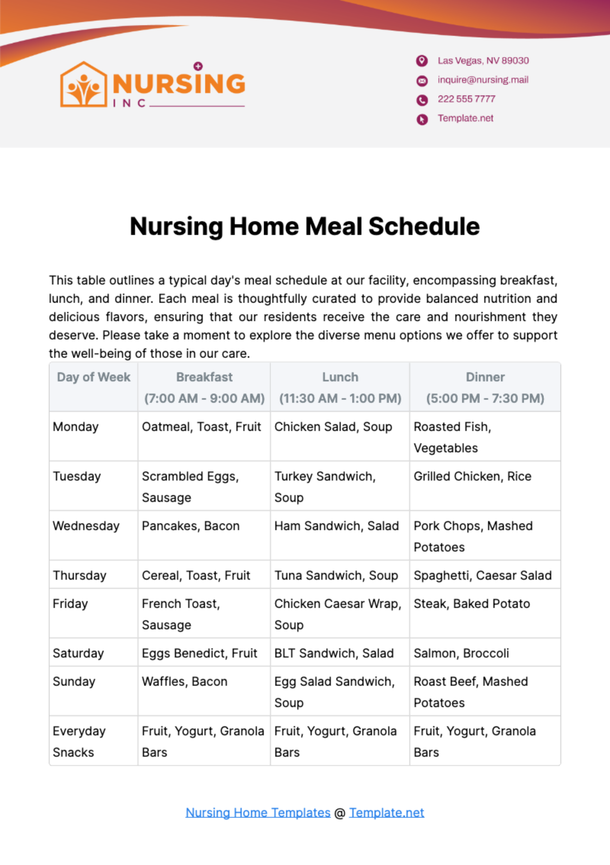 Nursing Home Meal Schedule Template