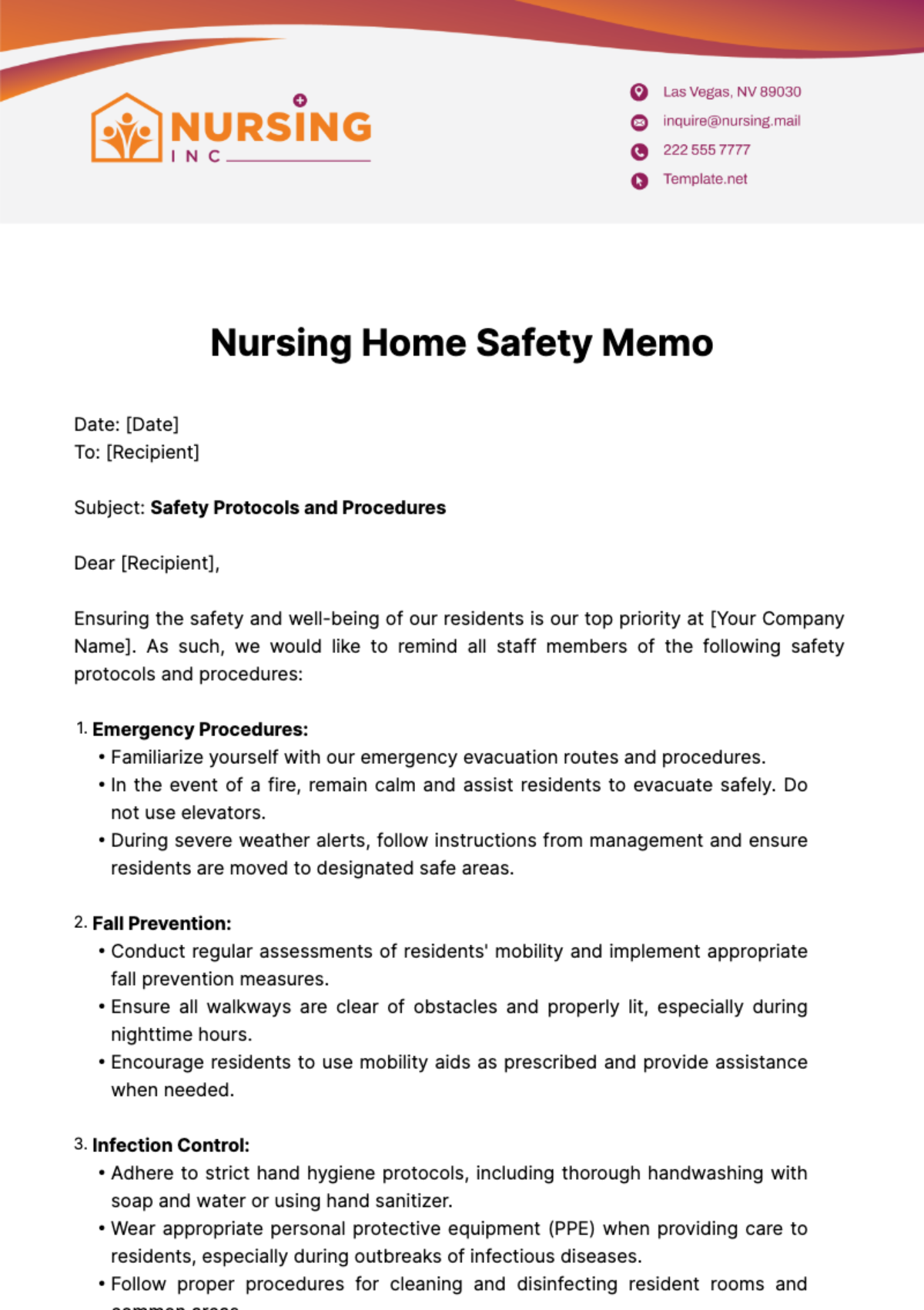 Nursing Home Safety Memo Template