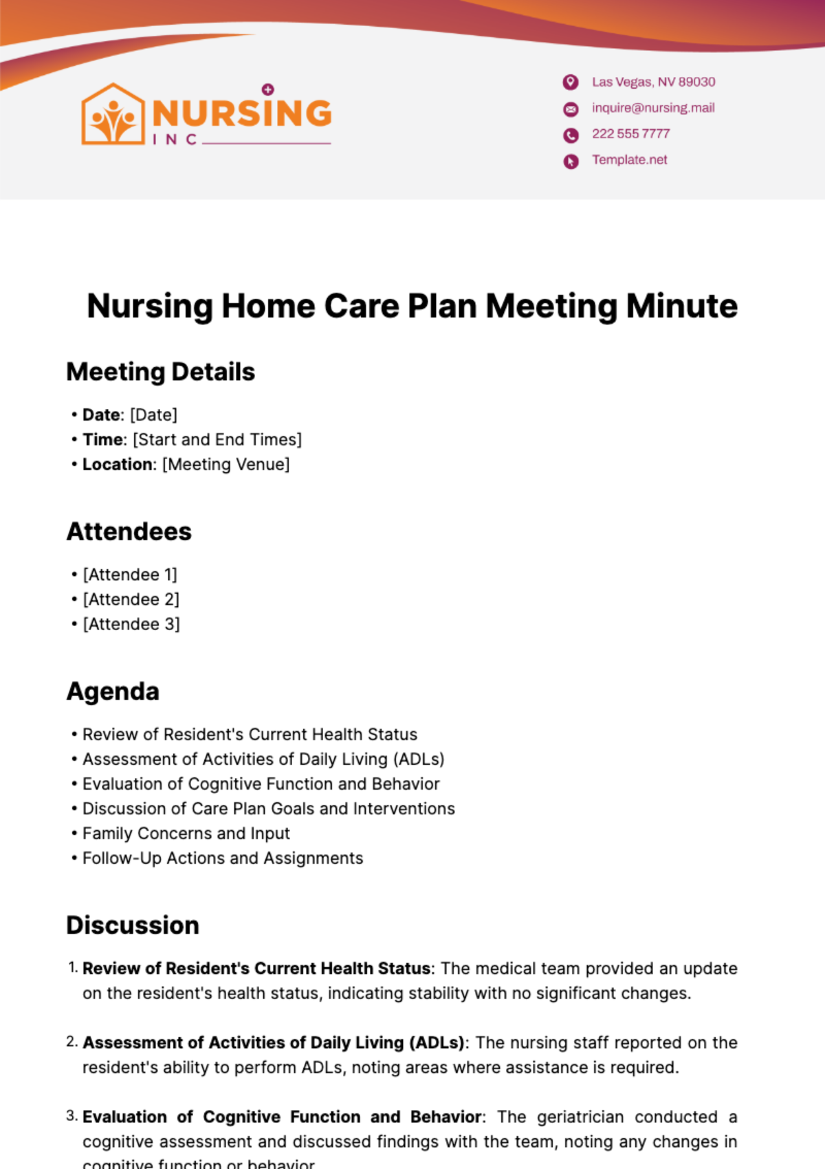 Nursing Home Care Plan Meeting Minute Template