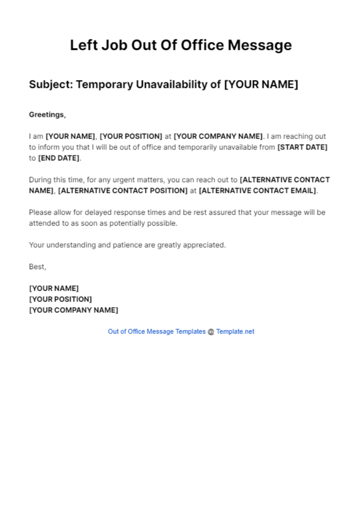 Left Job Out Of Office Message Template