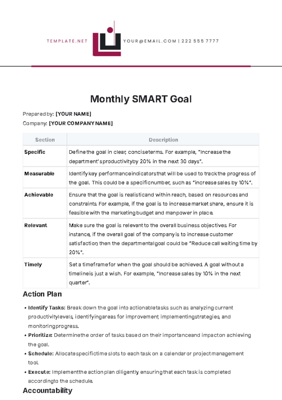 Monthly SMART Goals Template - Edit Online & Download