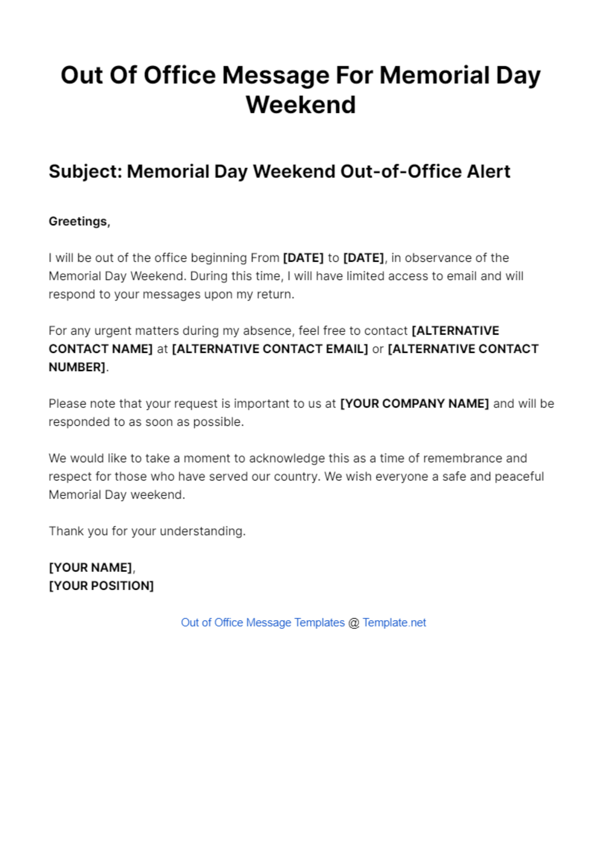 Free Out Of Office Message For Memorial Day Weekend Template