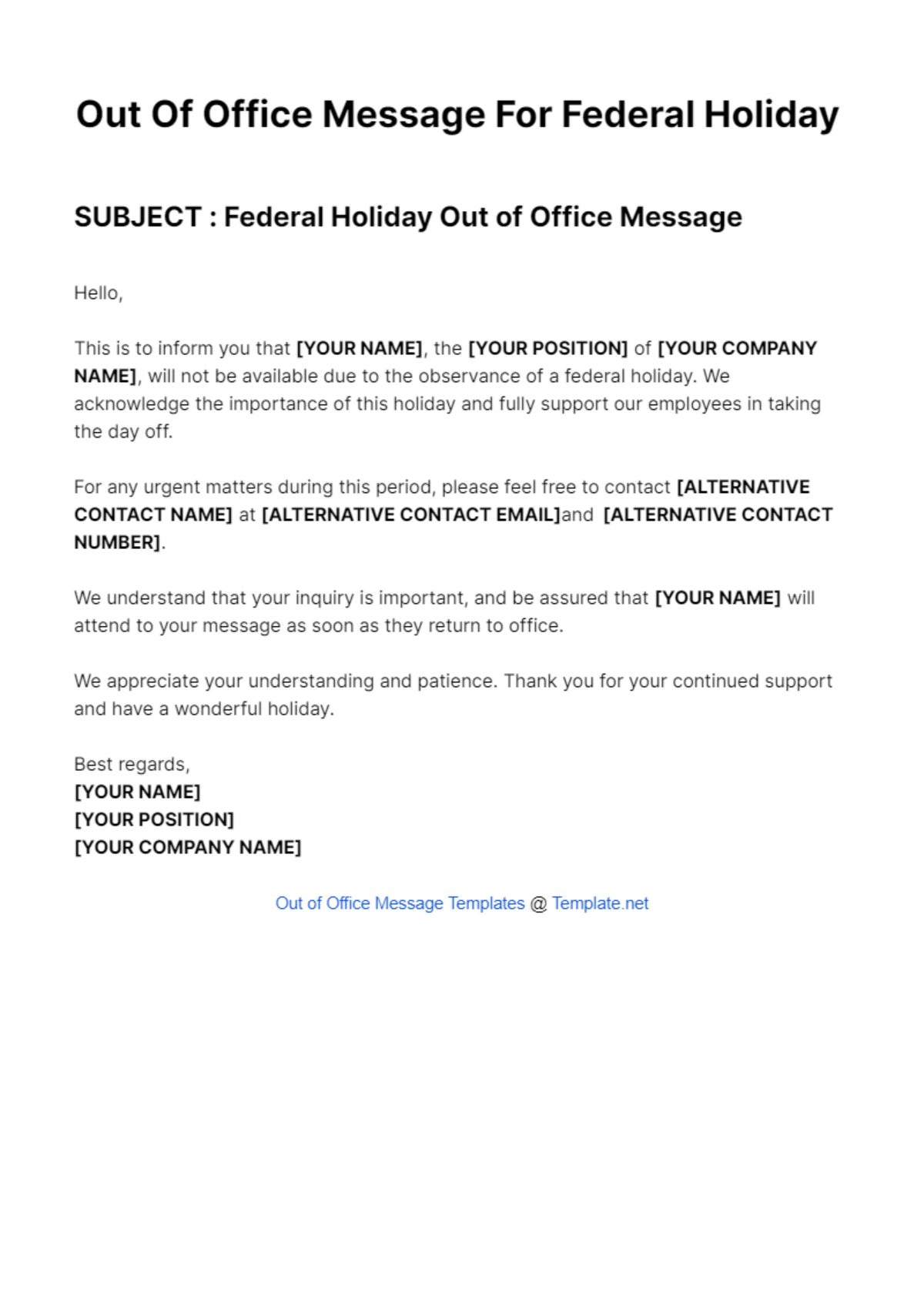 Out Of Office Message For Federal Holiday Template