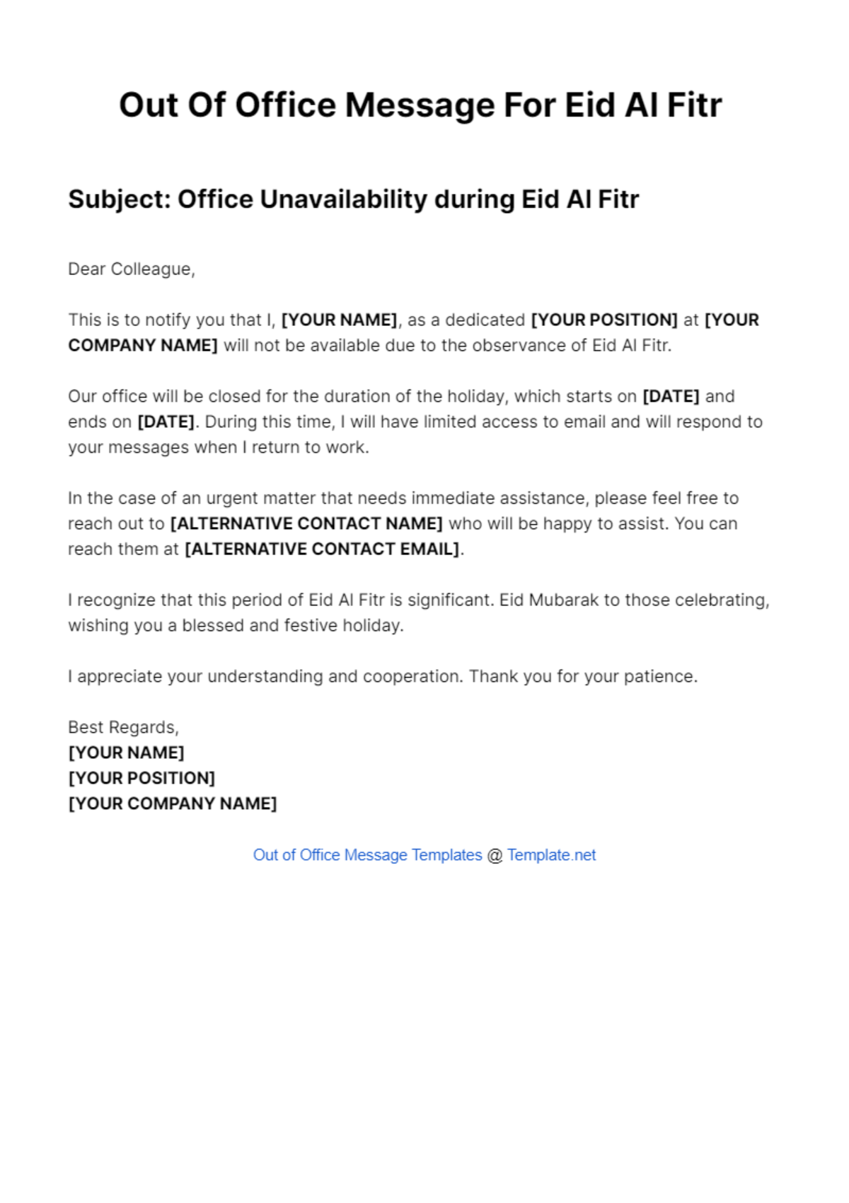 Out Of Office Message For Eid Al Fitr Template
