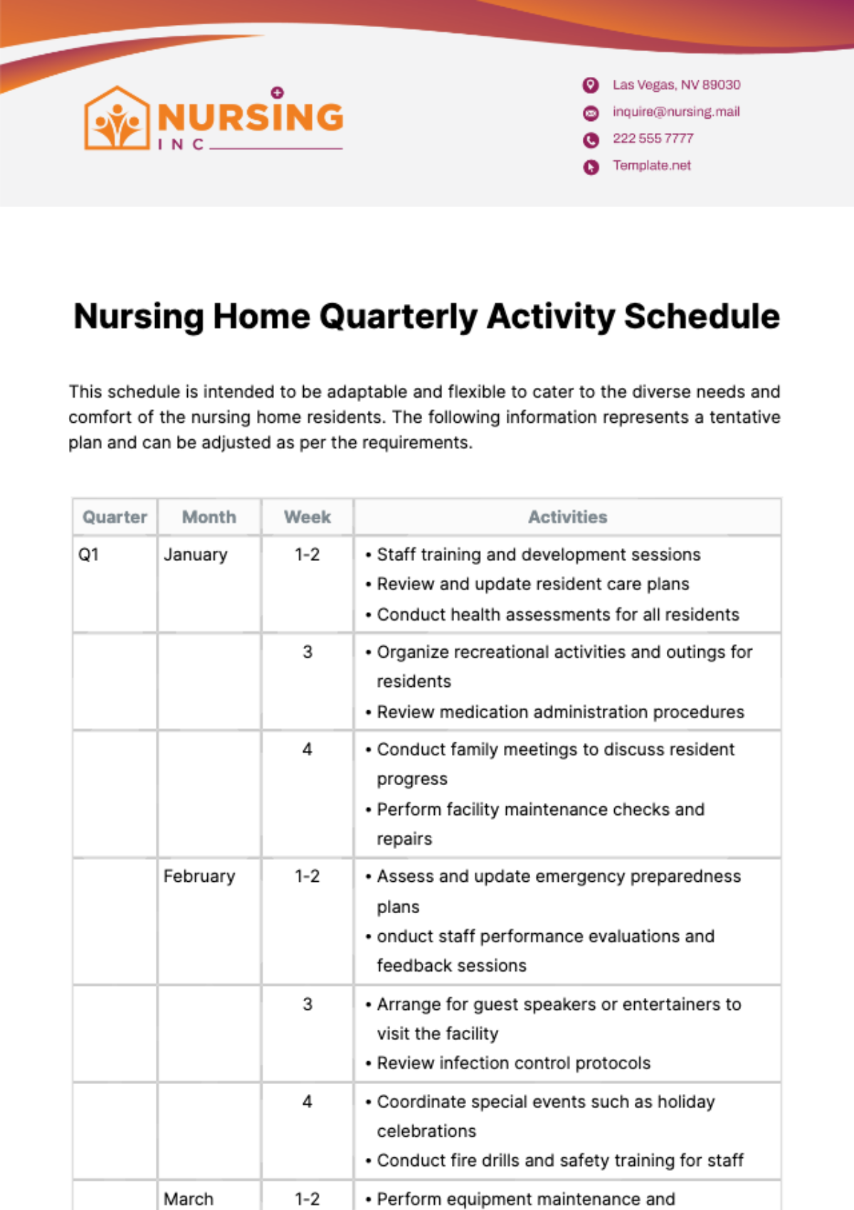 Nursing Home Quarterly Schedule Template