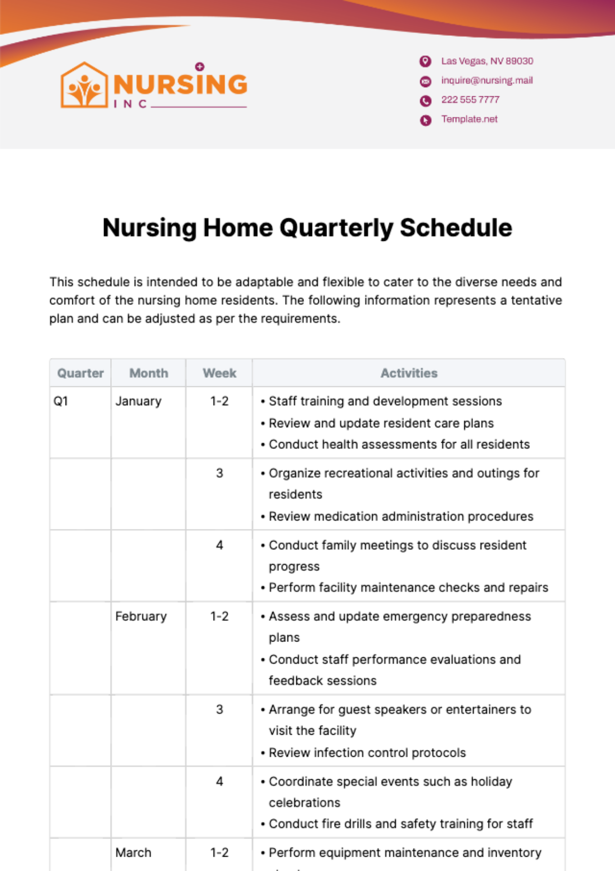 Free Nursing Home Quarterly Schedule Template