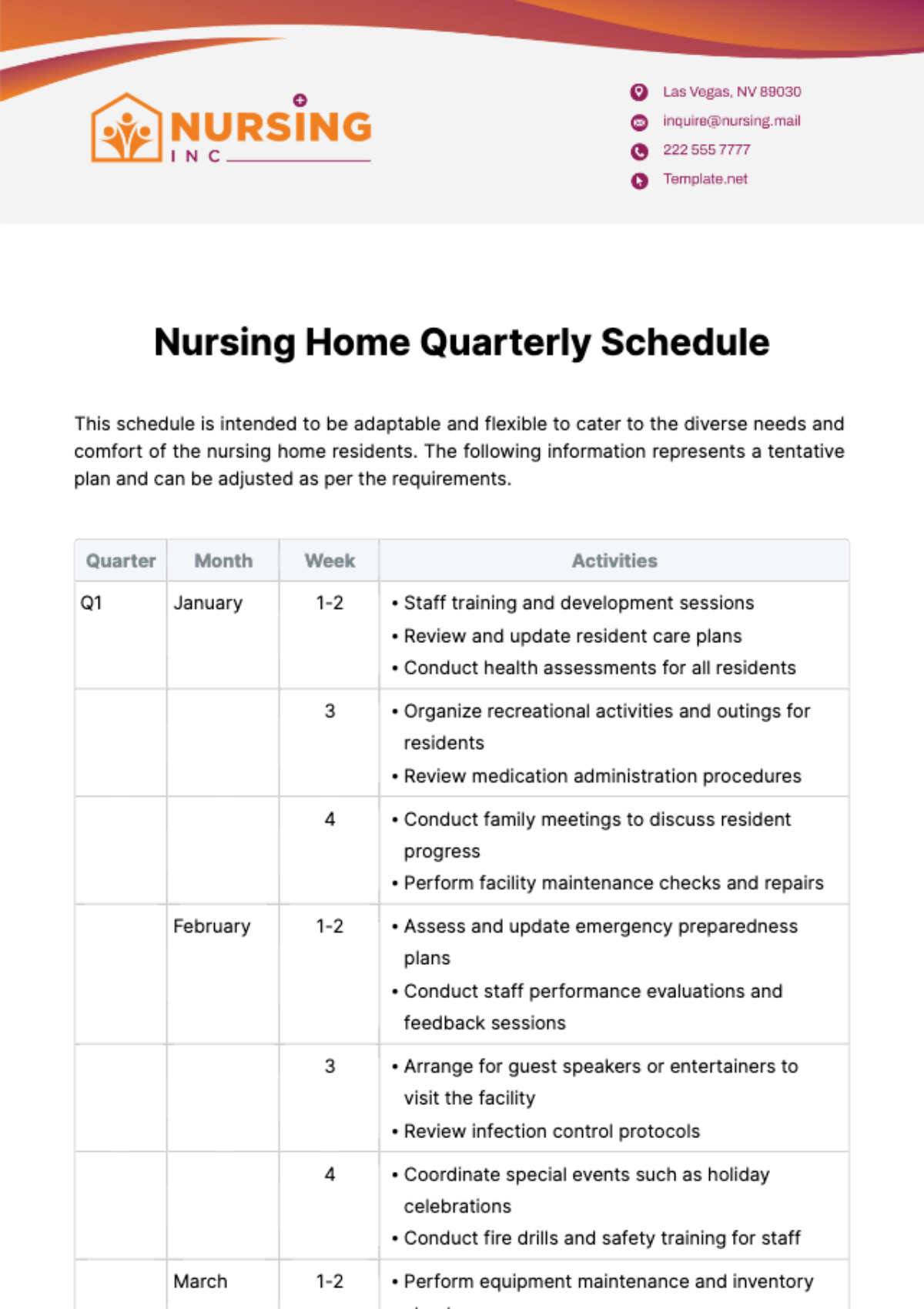 Nursing Home Quarterly Schedule Template - Edit Online & Download