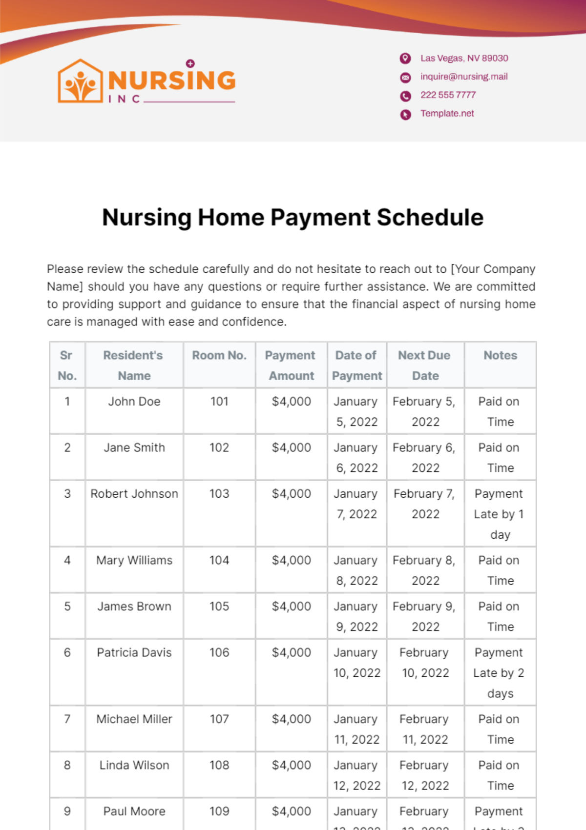 Nursing Home Payment Schedule Template