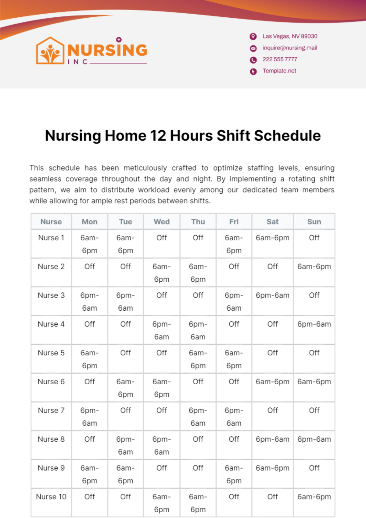 Nursing Home 12 Hours Shift Schedule Template