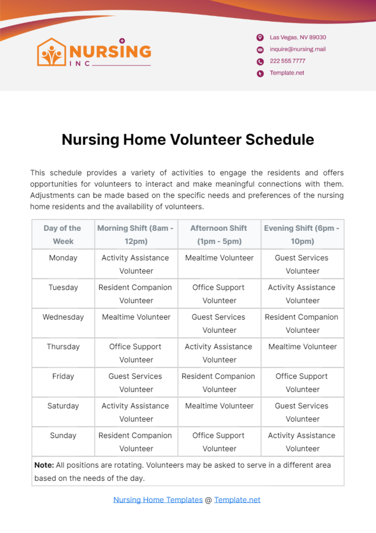 Nursing Home Volunteer Schedule Template
