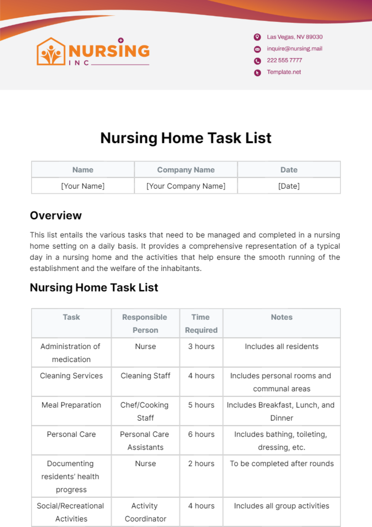 Free Nursing Home Task List Template