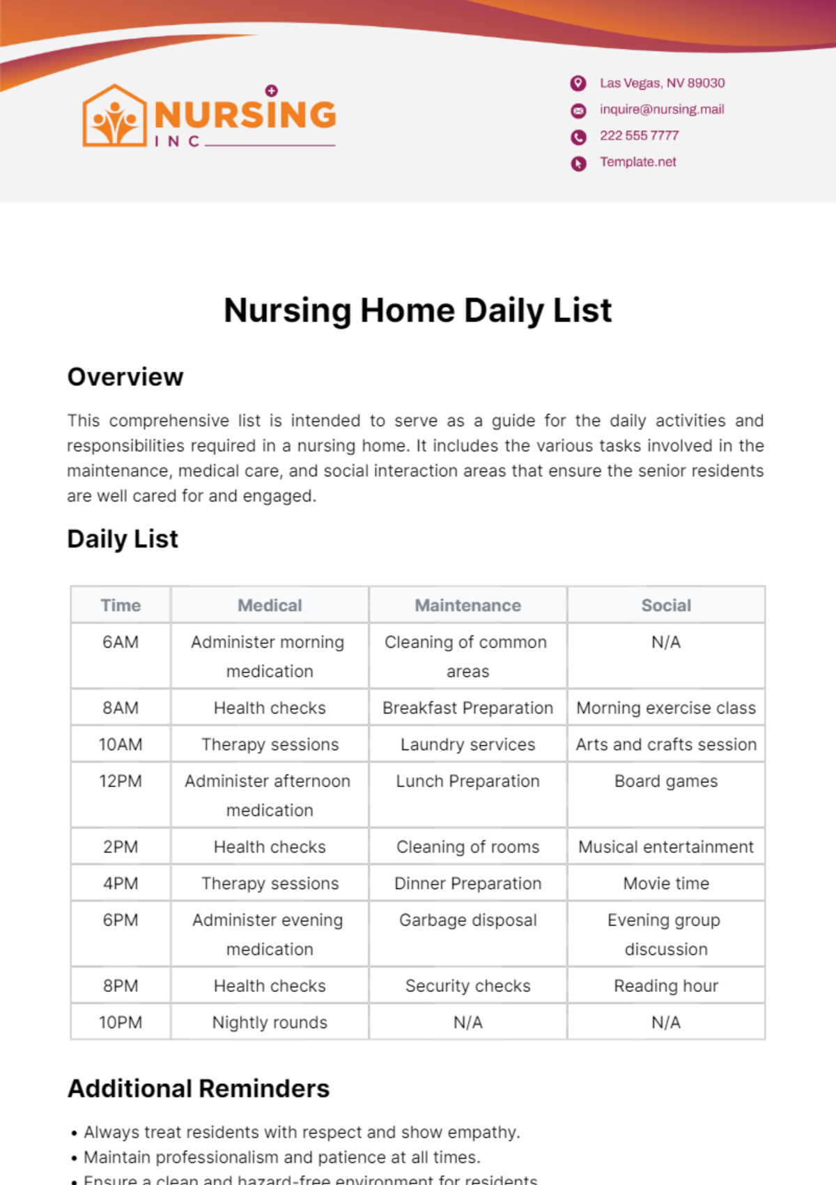 Nursing Home Daily List Template
