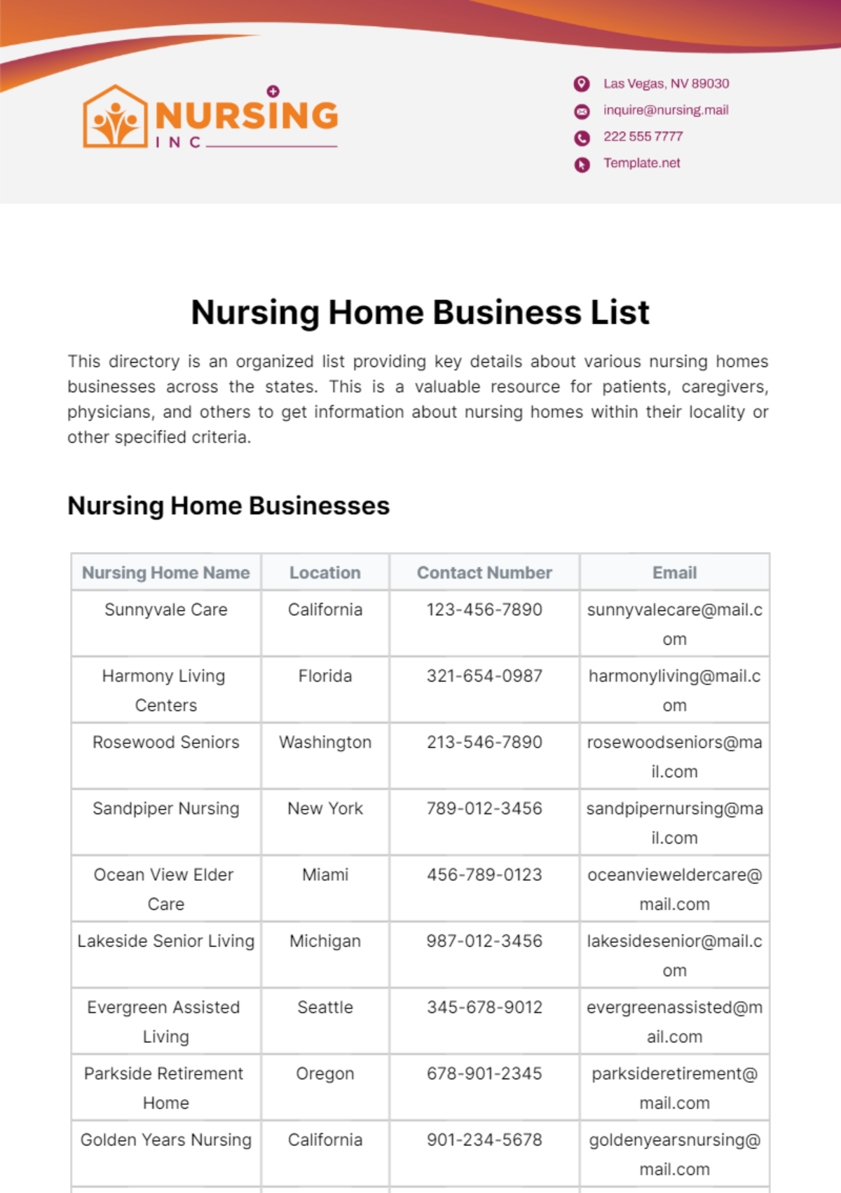 Free Nursing Home Business List Template
