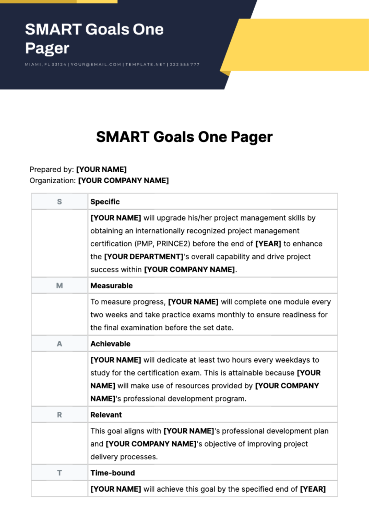 SMART Goals One Pager Template