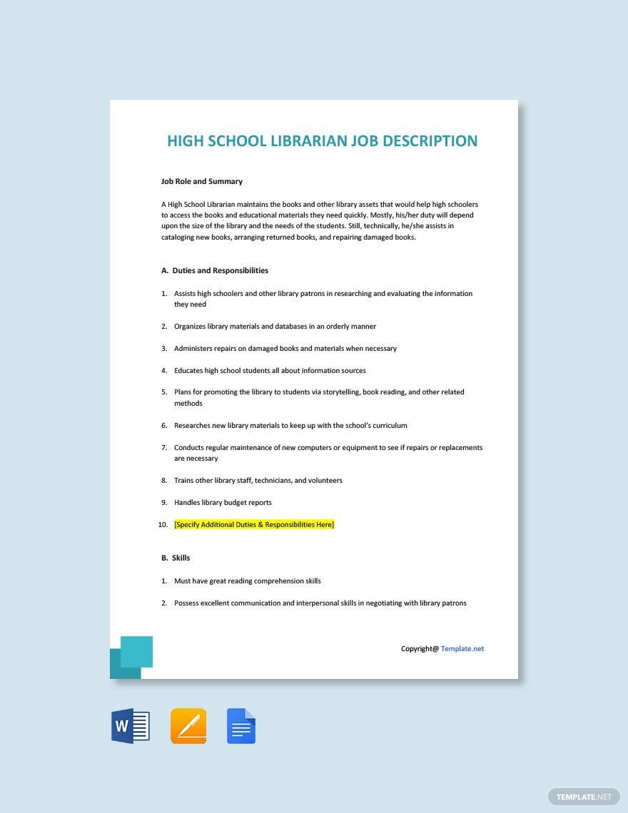 Free High School Librarian Job Ad/Description Template