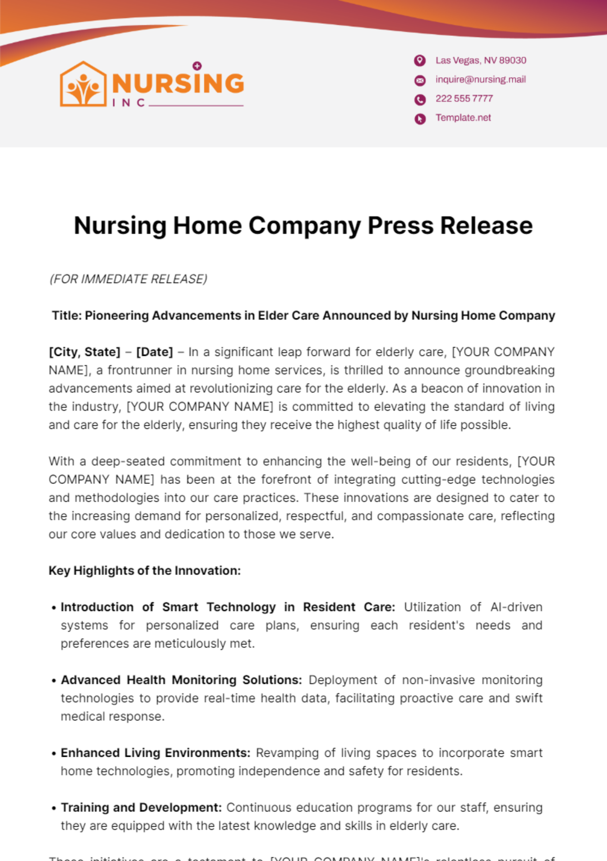 Nursing Home Company Press Release Template
