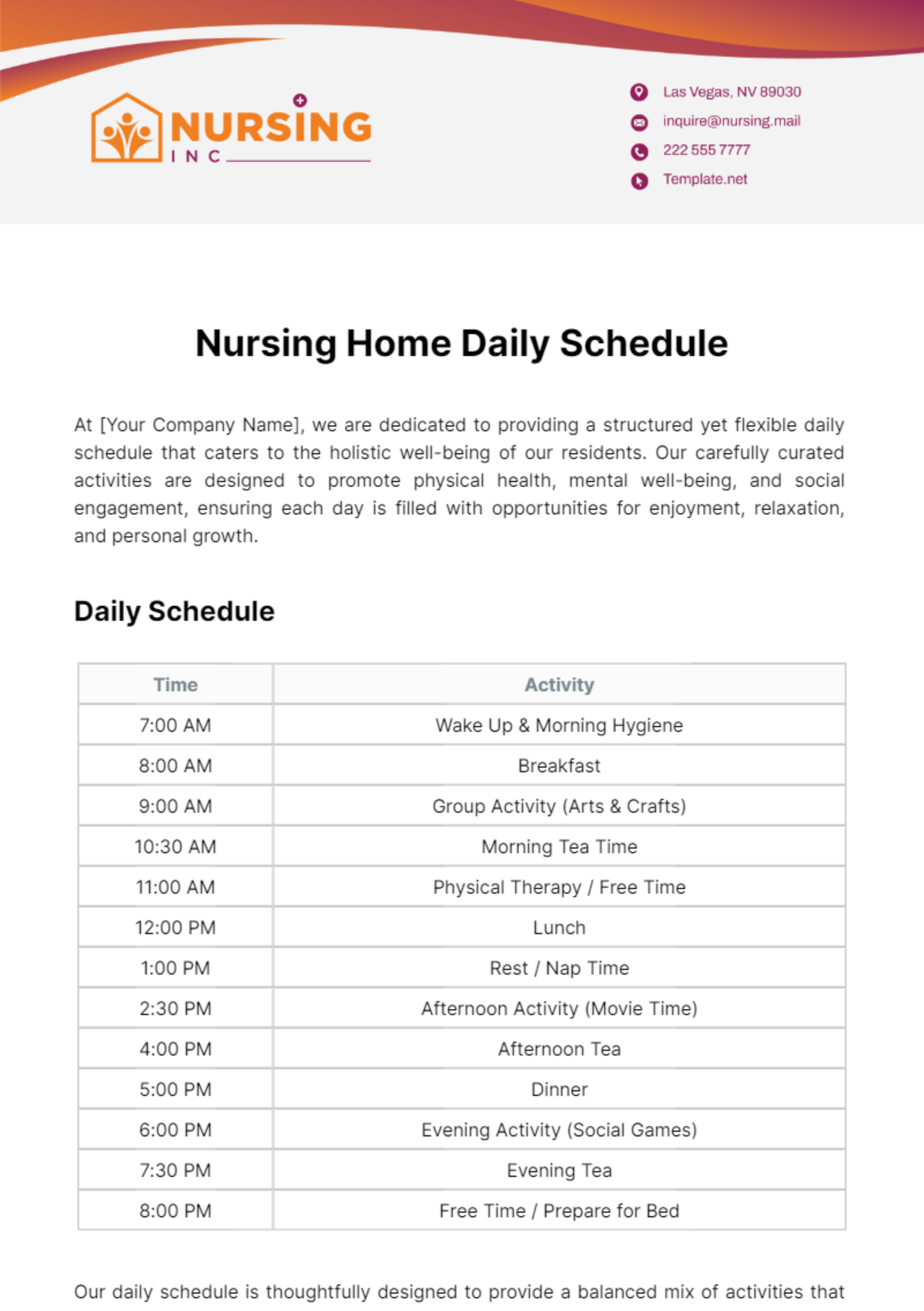 Free Nursing Home Daily Schedule Template