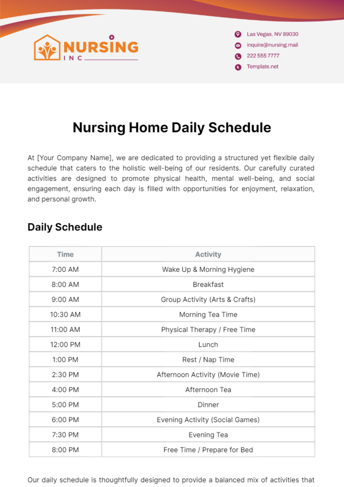 Free Nursing Home Schedule Templates Editable And Printable