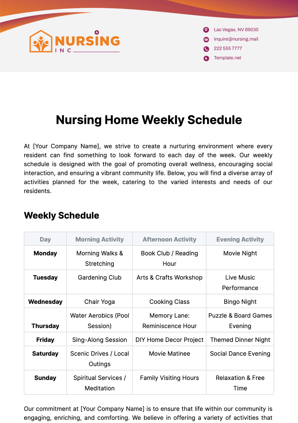 Nursing Home Weekly Schedule Template