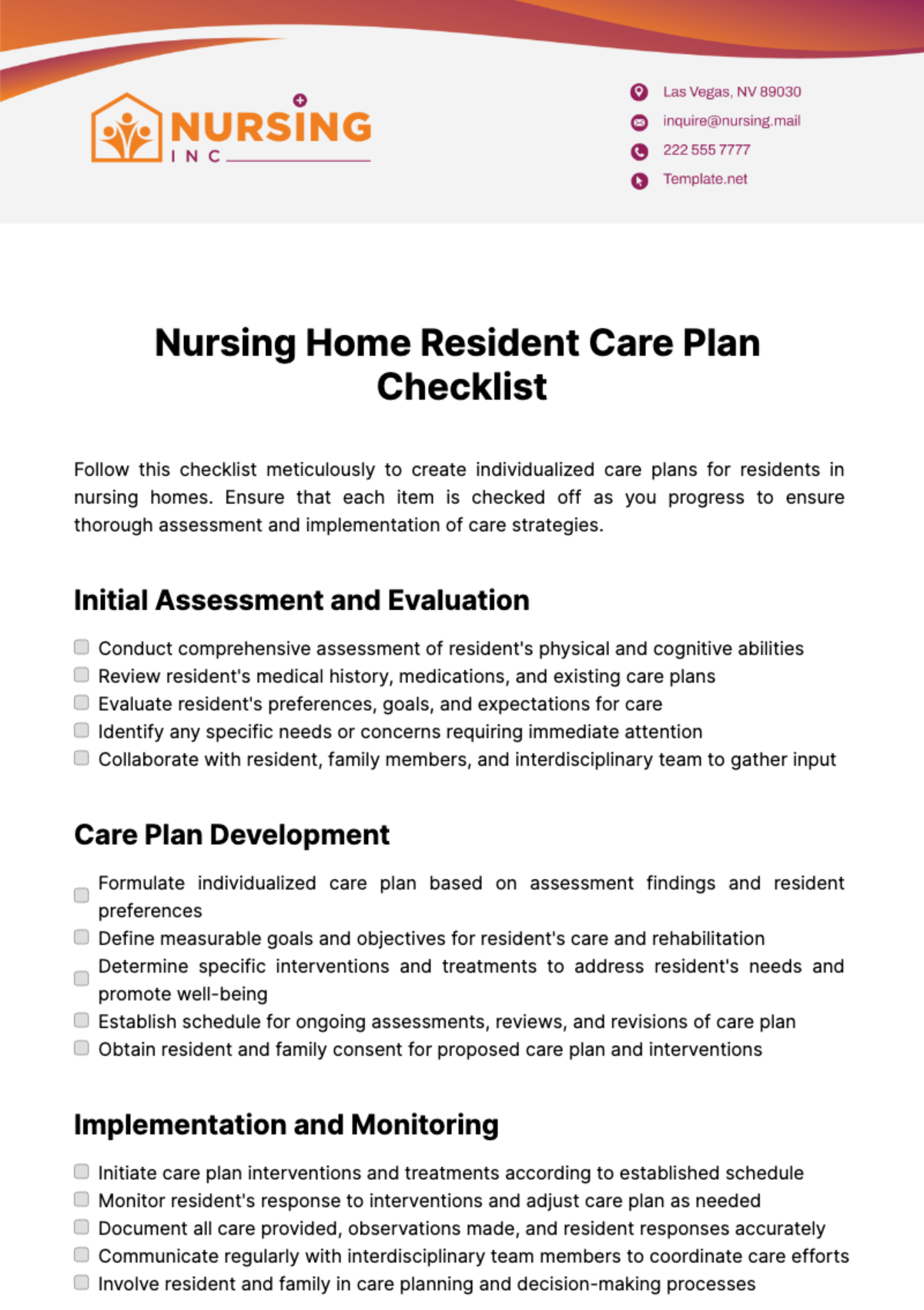 Nursing Home Resident Care Plan Checklist Template