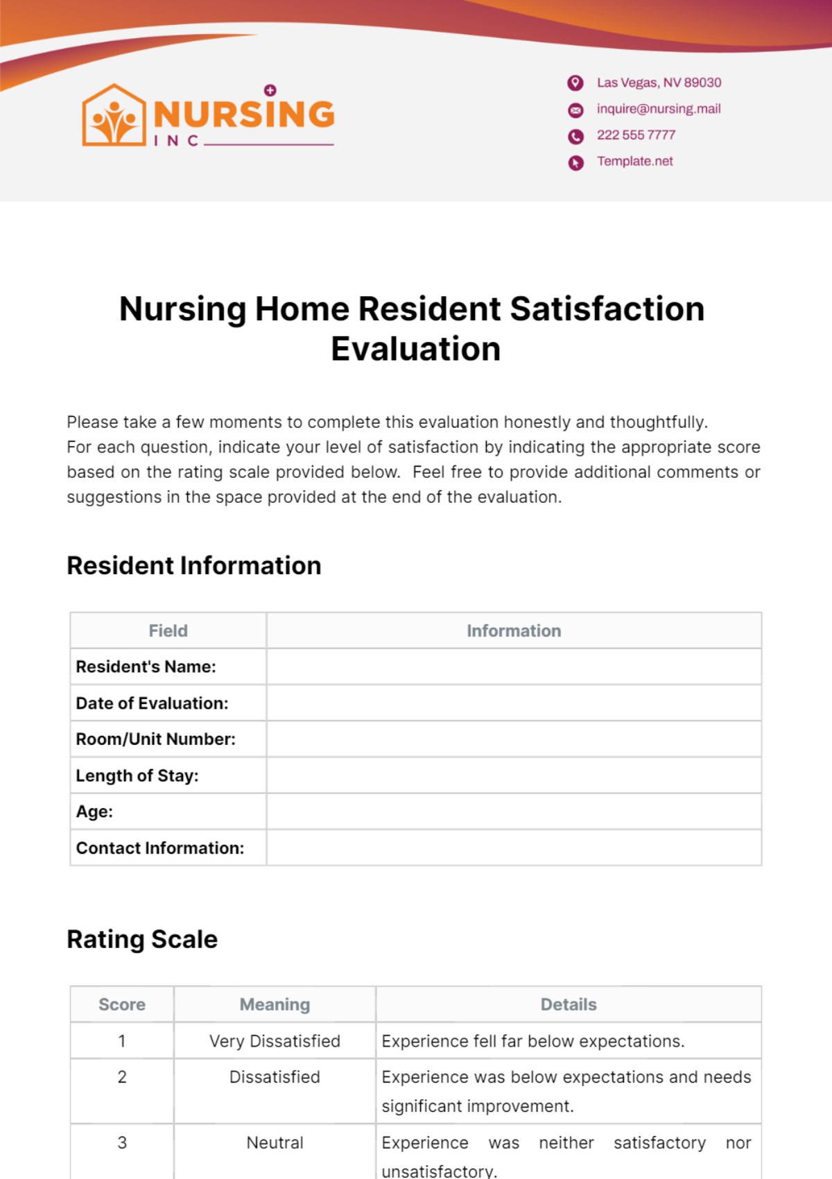 Nursing Home Resident Satisfaction Evaluation Template