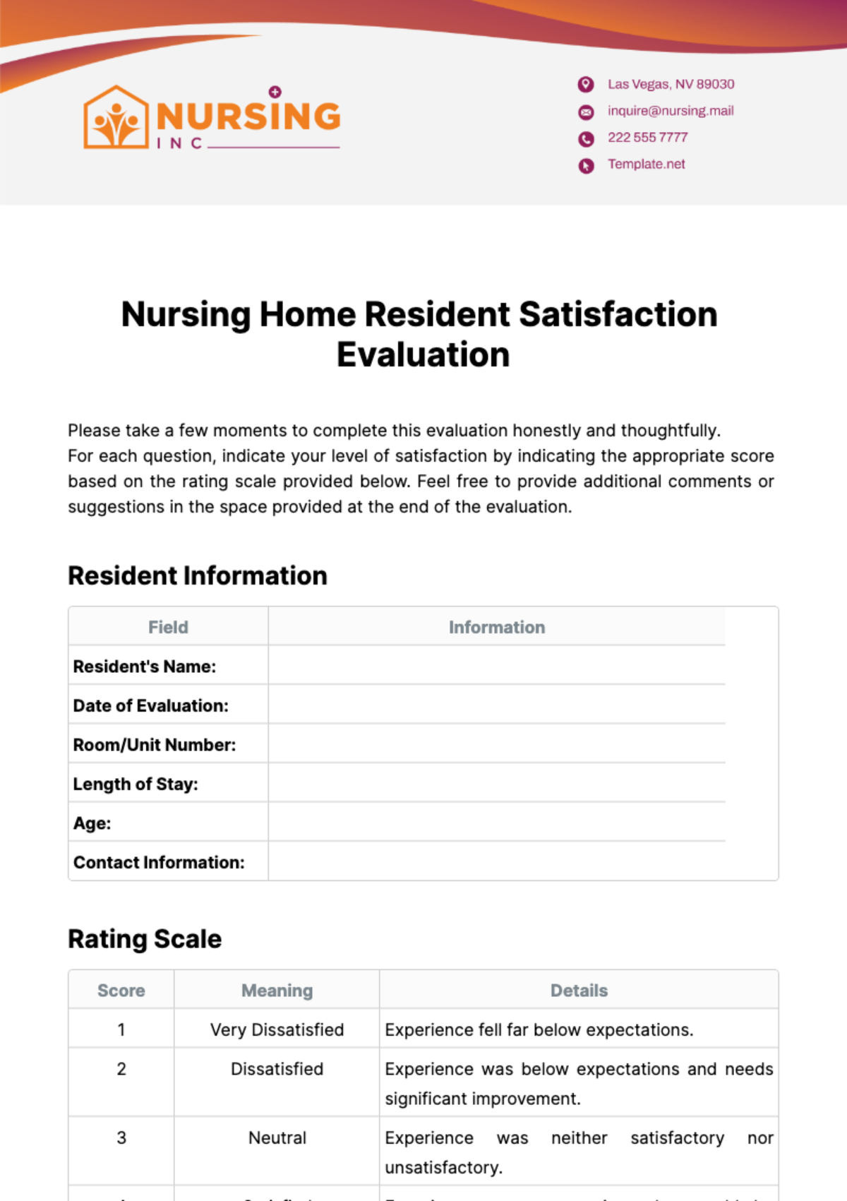 Free Nursing Home Resident Satisfaction Evaluation Template