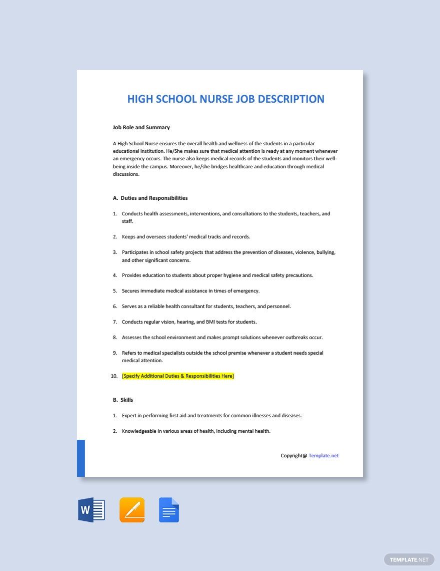 High School Nurse Job Ad/Description Template